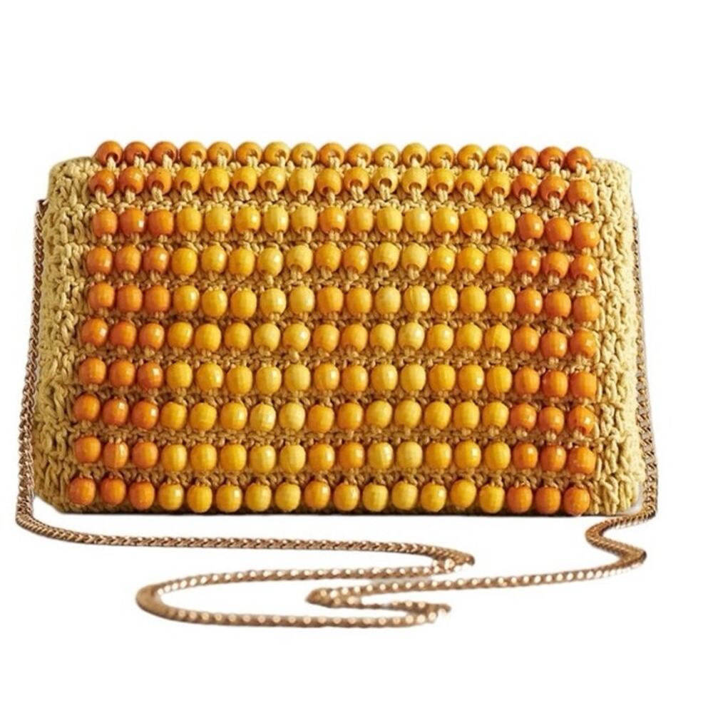 ANTHROPOLOGIE Beaded Foldover Clutch Crossbody Bag in yellow
